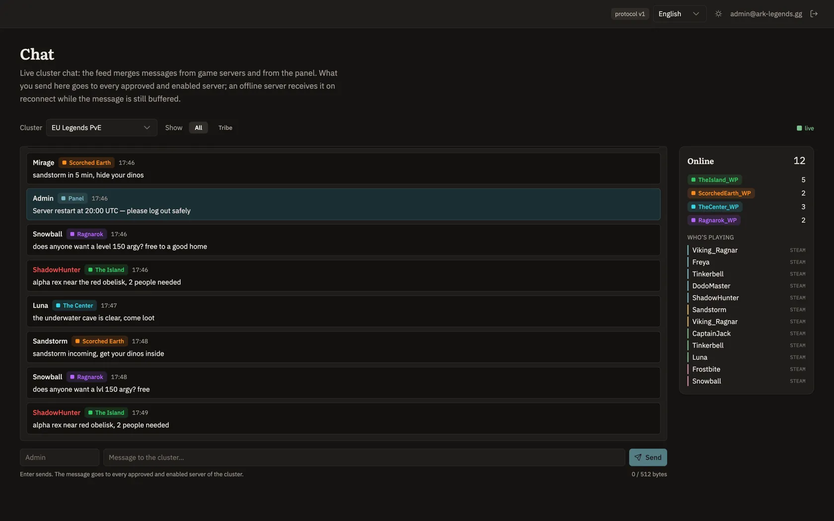 Panel chat of the EU Legends PvE cluster: players from four maps and an admin message in one feed, 12 online by map